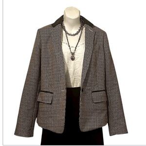 Club Monaco Plaid Checked Neutral Leather Collar Trim Blazer Jacket Sz 6